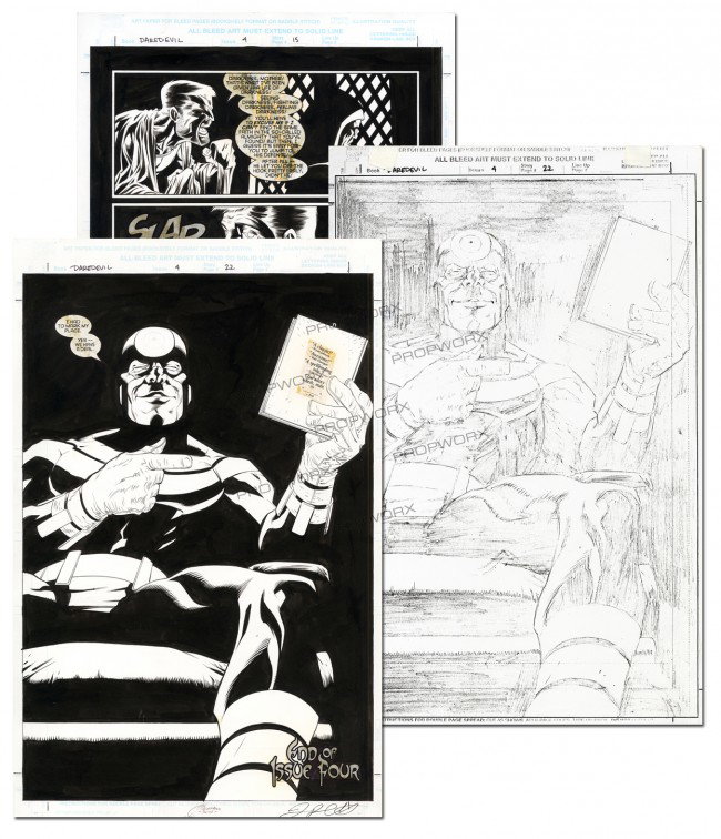 "Daredevil" #4 Original Artwork Set: Production Description: Original 3 page Artwork set for "Daredevil The man Without Fear" #4, written by Kevin Smith and Drawn by Joe Quesada. Technical Description: Original hand drawn black, grey and
