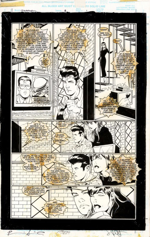 "Daredevil" #1 Original Artwork: Production Description: Original Artwork for "Daredevil The man Without Fear" #1, written by Kevin Smith and Drawn by Joe Quesada. Technical Description: Original hand drawn black, grey and blue line 