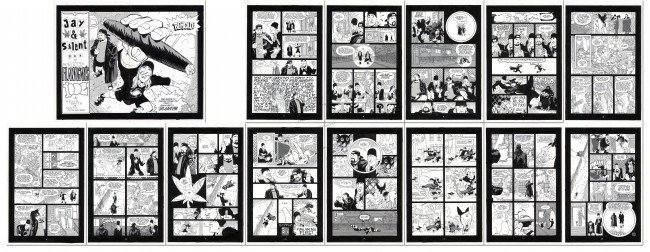 "Jay and Silent Bob" Original Artwork Set: Production Description: Original 14 page Artwork set for Jay & Silent Bob "Walt Flanagan's Dog", written by Kevin Smith and Drawn by Matt Wagner. Technical Description: Original hand drawn black, grey