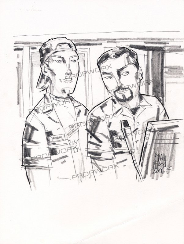 Randal and Dante Original Artwork: Production Description: Original drawing of Randal and Dante from Clerks. Technical Description: Pencil, black line and marker drawing on white paper, measuring 9" x 12".