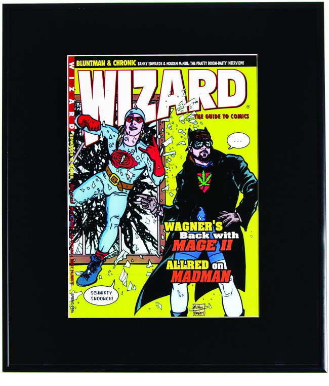 Framed "Bluntman & Chronic" Wizard Magazine Cover: Production Description: Framed Wizard magazine cover featuring the "BLUNTMAN & CHRONIC" comic book cover by McNeil & Banky. Features Bluntman standing next to a window Chronic is jumping through. Fram