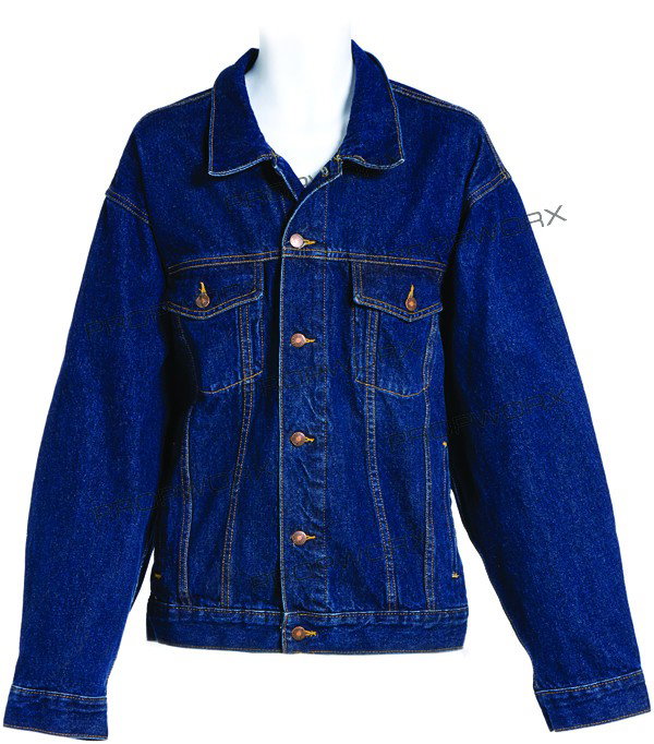 View Askew Blue Jean Jacket: Production Description: Dogma, Mallrats, Clerks and View Askew logo patches sewn onto the back of a denim jacket as a crew gift. Technical Description: Production made blue denim jean jacket with butt
