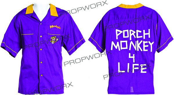 Randal's "Porch Monkey 4 Life" Shirt: Production Description: The outfit worn by actor Jeff Anderson while portraying Randal Graves in the film "Clerks II". Production noted this as being the backup Mooby funployee shirt with "PORCH MONKE