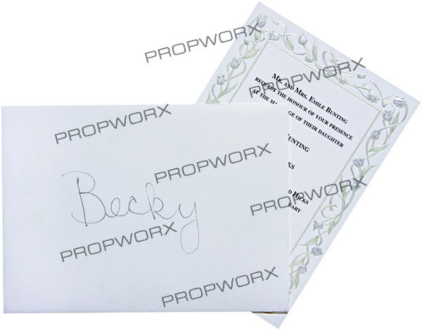 Becky's Hero Wedding Invitation: Production Description: The hero wedding invitation and envelop given to Becky to Emma Bunting (Jennifer Schwalbach Smith) and Dante Hicks (Brian O'Halloran) wedding. Emma stopped by Moobys restaurant