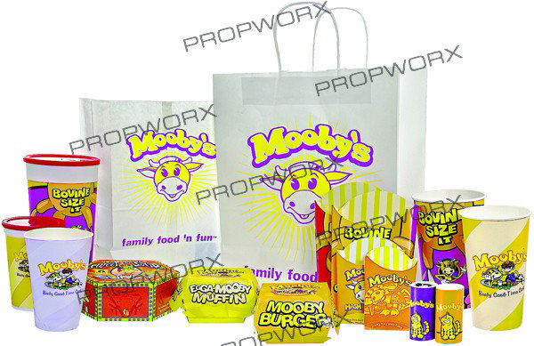 Complete Set of Fast Food Movie Packaging: Production Description: Set of Mooby fast food packaging from the film "Clerks II." Set includes, two Mooby bags, five cups, four fry containers, Mooby burger container, Egga-Mooby muffin container, s