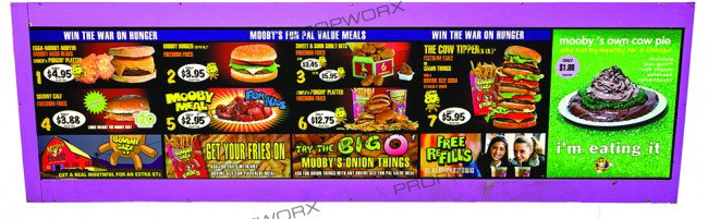 Mooby's Right Menu Sign: Production Description: The right side of the Mooby menu display board that hung above the counter of the Mooby fast-food restaurant. Used to display the food for sale. Production labeled this as the