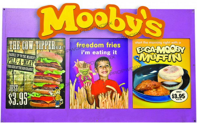 Mooby's Center Menu Sign: Production Description: The middle Mooby menu display board that hung above the counter of the Mooby fast-food restaurant. Features the "Mooby's" logo. Production labeled this as the large Mooby displ