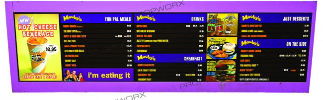 Mooby's Left Menu Sign: Production Description: The left side of the Mooby menu display board that hung above the counter of the Mooby fast-food restaurant. Used to display the food for sale. Production labeled this as the l