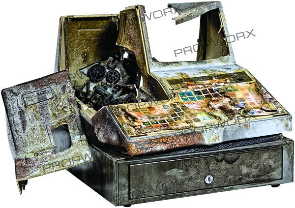 Burned Quick Stop Register: Production Description: The melted register that was removed from the burned Quick Stop in the film "Clerks II." Randal (Jeff Anderson) admitted to Dante (Brian O'Halloran) after seeing this register 