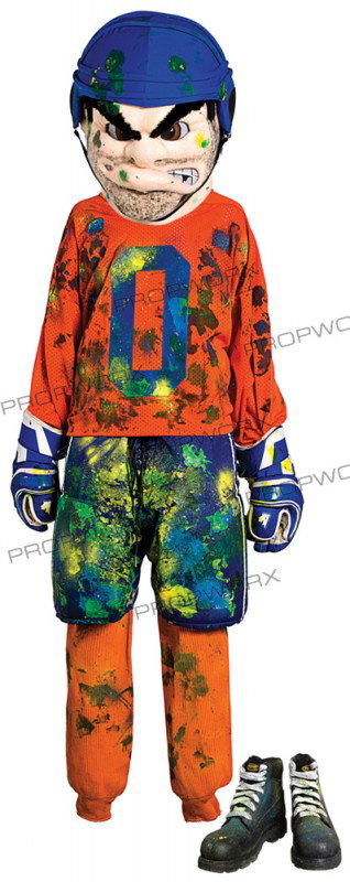 Zack's Hero "Goon Squad" Outfit: Production Description: Zack's hero, paint covered, "Goon Squad" costume with Mascot head from the film, "Zack and Miri Make a Porno". Zack wears this at his job as a mascot-paint ball target for rowd