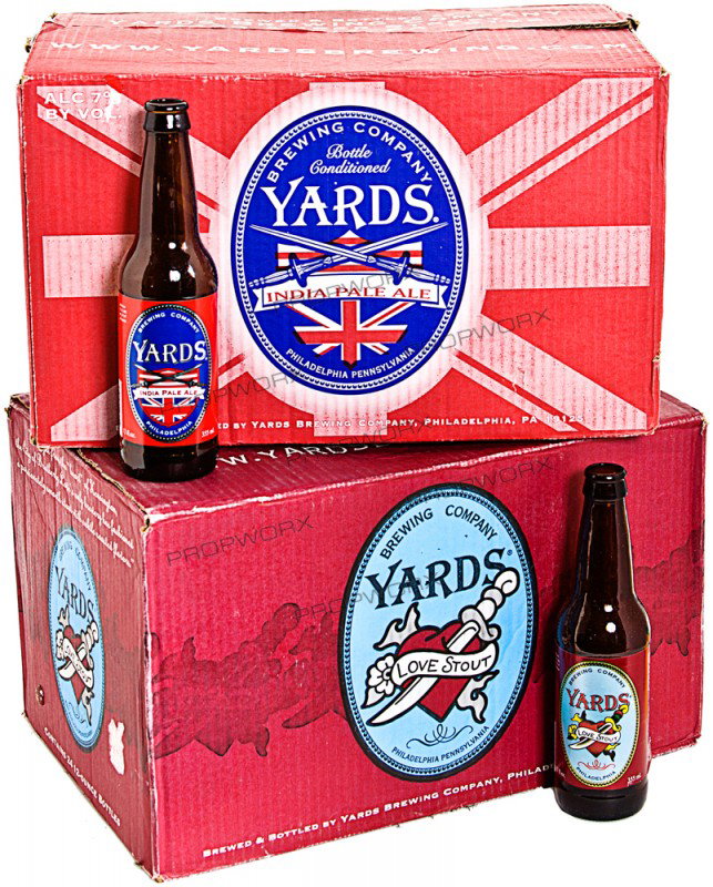 Two cases of Yards Beer: Production Description: Two cases of Yards beer from the after party at Zack and Miri's apartment in the film "Zam and Miri make a porno." These are the cases of "Love Stout" and "India Pale Ale" beer