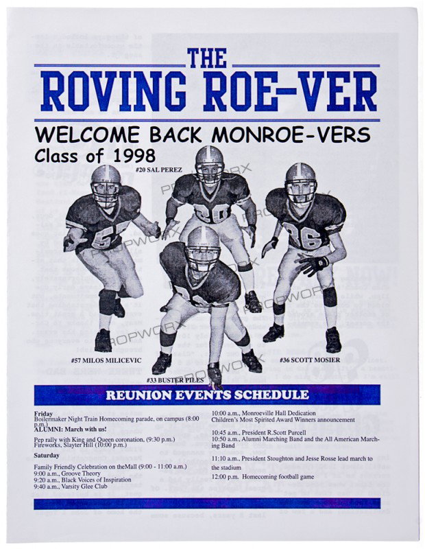 Roving Roe-Ver Newsletter: Production Description: A hero Roving Roe-Ver newsletter for the Monroe high school class of 1998 reunion from "Zack and Miri make a porno." Production noted this as being one of the hero props from t
