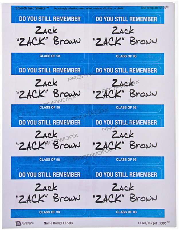 Zack's Name Tag Label Sheet: Production Description: Hero sheet of name badge labels from the reunion table that Betsy (Jennifer Schwalbach Smith) pulls from to give to Zack (Seth Rogen). Production noted these as being the hero 