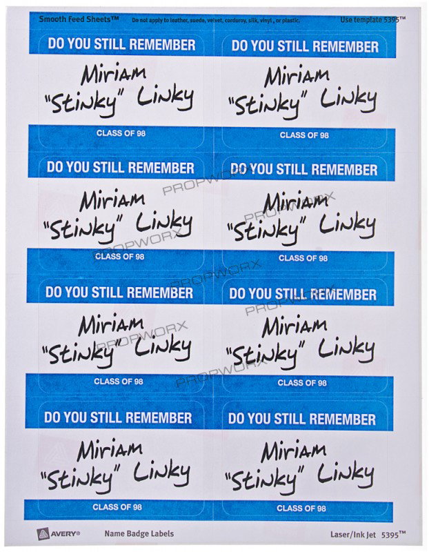 Miri's Name Tag Label Sheet: Production Description: Hero sheet of name badge labels from the reunion table that Betsy (Jennifer Schwalbach Smith) pulls from to give to Miri (Elizabeth Banks). Production noted these as being the 