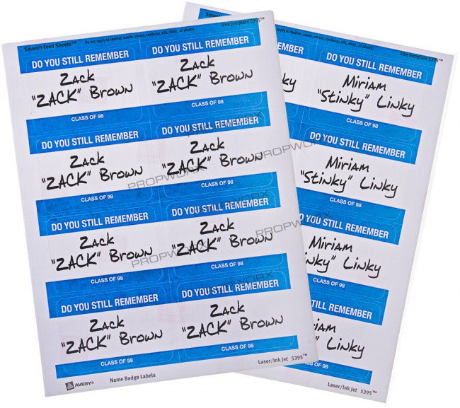 Zack and Miri's Name Tag Label Sheets: Production Description: Hero sheet of name badge labels from the reunion table that Betsy (Jennifer Schwalbach Smith) pulls from to give to Zack (Seth Rogen) and Miri (Elizabeth Banks). Production not