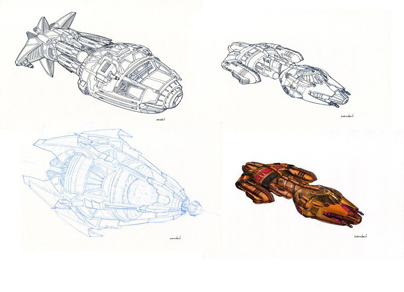Star Trek: Voyager Krenim Warships Small Original : Production Description: Original concept artwork by Rick Sternbach depicting the large and small Krenim ships and the temporal weapon. Created for the Star Trek: Voyager two-part episode "Year Of Hell