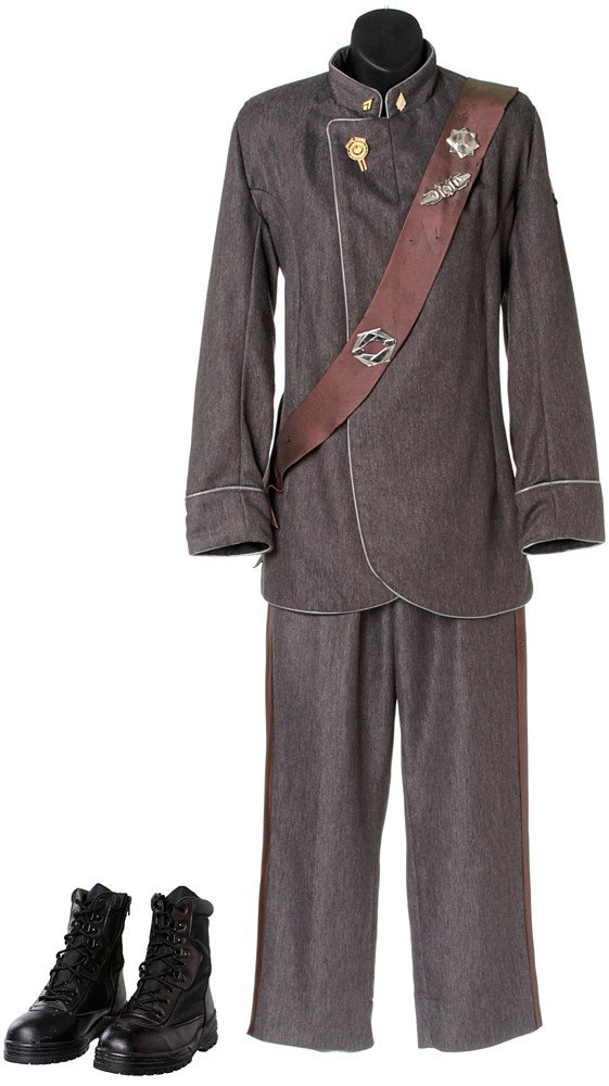 Battlestar Galactica Female Dress Grays: Production Description: Dress gray colonial uniform worn by members of the fleet during funerals, visits from the government, or formal meetings, and are a variation of the dress blue uniform. Technic