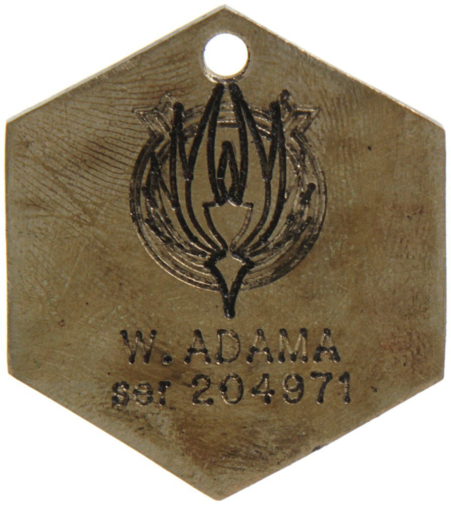 Battlestar Galactica Hero Adama Dogtag: Production Description: Hero metal dogtag worn by William Adama, actor Edward James Olmos. These tags were worn by the Colonials for identity purposes. Technical Description: Gold colored metal hexago