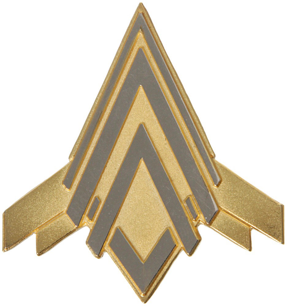Battlestar Galactica Screen-used Pilots Wing Pin: Production Description: Junior staff with flight status wear the Standard Pilot Wings with the shorter swept down wings on their Colonial military uniforms. According to production these wings were wo