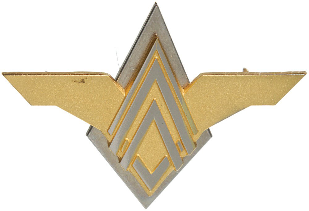 Battlestar Galactica Elite Pilot Wings: Production Description: Colonial military senior staff wear the Elite Pilot Wings with the long out stretched wings to show they have flight status. All senior Staff (Tigh, Adama, Cain) wore the Elite
