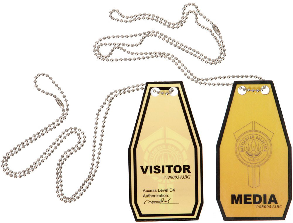 Battlestar Galactica Media & Visitor Badge Set: Production Description: Passes for media and general visitors on the Battlestar Galactica. These badges were worn by visiting members and the press on the Battlestar to identify them to the crew. Prod