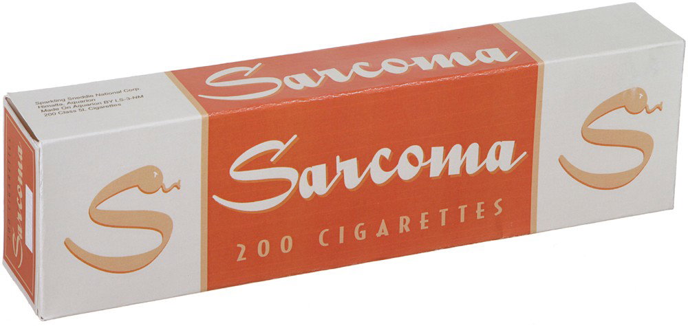 Battlestar Galactica Sarcoma Cigarette Carton: Production Description: Empty carton of "Sarcoma" brand cigarettes first seen in Season Two's episode "Black Market'." Cartons like this can be seen in Jack Fisk's quarters on Pegasus and on Prometheu