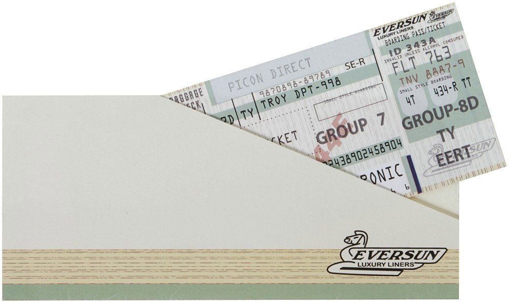 Battlestar Galactica Eversun Boarding Pass: Production Description: Boarding pass and ticket folder for Eversun Luxury Liners. Eversun operated Colonial Heavy Cruiser 798 prior to the Cylon Attack; after Laura Roslin's swearing in as President 