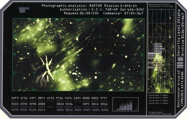 Battlestar Galactica Recon Mission Photos: Production Description: Raptor recon photo's used by Lee Adama and Kendra Shaw to plan their attack on the old style Baseship in the BSG movie "Razor". Technical Description: A set of two production m