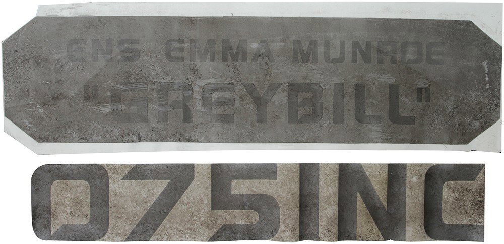 Battlestar Galactica "Greybill" Viper Nameplate : Production Description: This is a set of two extremely weathered decals for a Mark II Viper. This set consists of one tail number and one nameplate for Ensign Emma "Greybill" Munroe. Technical Descrip