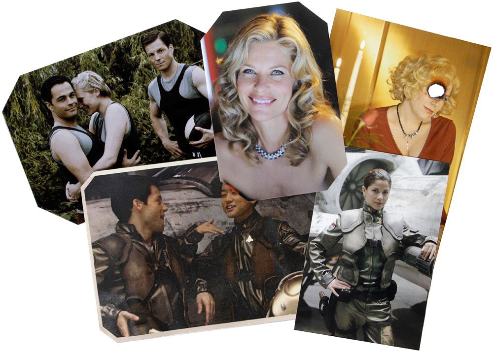 Battlestar Galactica Photo Set: Production Description: Set of Six different photographs depicting "Starbuck, Lee and Zack", two versions of "Ellen Tigh", one with a cigar burn in it, one picture of "Kat", a backup form the memorial