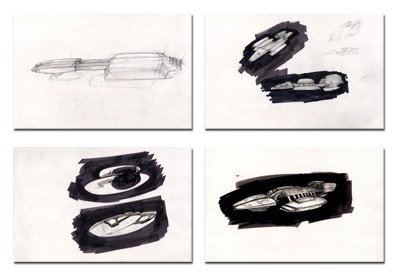Battlestar Galactica Pegasus Concept Sketches: Production Description: Three pen, ink and marker concept sketches of the Battlestar Pegasus done for the Season two episode "Pegasus". The designs show how the crew was looking to make Pegasus look d