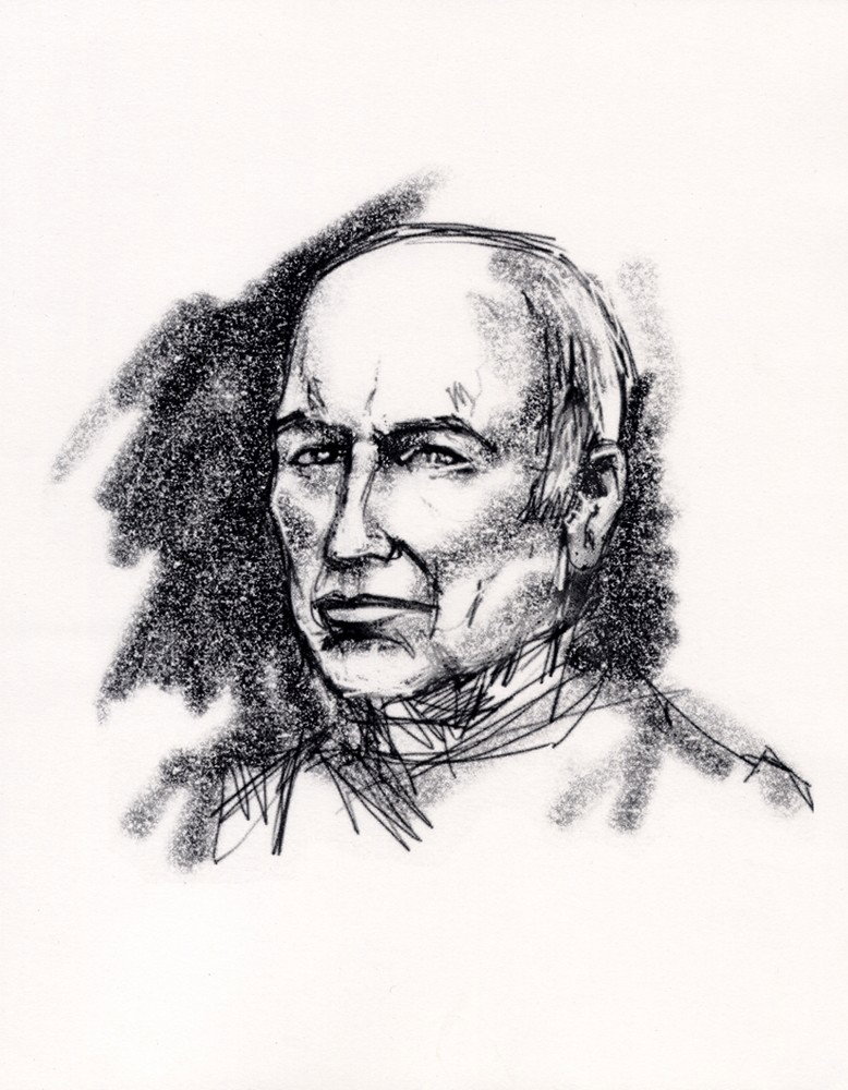 Battlestar Galactica Ellen Tigh's Drawing of Saul : Production Description: This is a double of the completed drawing that Ellen Tigh draws on the baseship in Season 4's "No Exit." Technical Description: This is a laser print on an off-white drawing pa