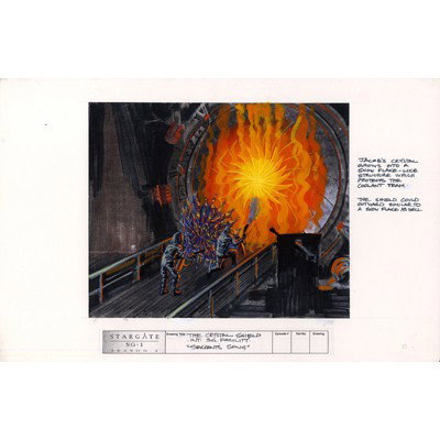 Original Concept Painting from "Serpent's Song": Production Description: Original hand painted concept painting by artist Ken Rabehl. The painting features an image of an SGC fire team attempting to cool the Stargate Iris while it is being bombarded