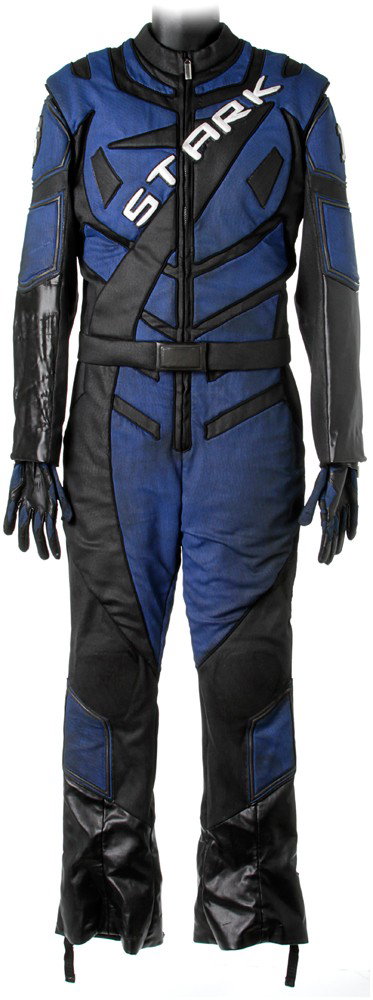 Iron Man 2 Tony Stark Hero Racing Suit: Production Description: Hero blue Stark racing suit worn by Tony Stark. While at The Monaco Historic Grand Prix, Tony decided to race his own car, and adorns this suit and replaces the other driver.