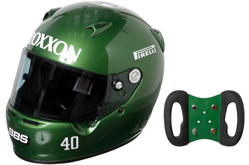 Iron Man 2 Hero Roxxon Helmet & Steering Wheel: Production Description: Hero green Roxxon racing helmet and steering wheel used on the Roxxon racing car at The Monaco Historic Grand Prix against Tony Stark. Production noted these items as being scr