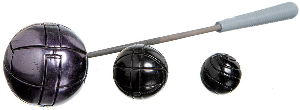 Iron Man 2 VFX Tech Ball & Prototype Set: Production Description: Set of three high tech stunt balls. The first is a hero ball on a small rod used for VFX purposes. The other two are smaller items painted black with different surface designs 