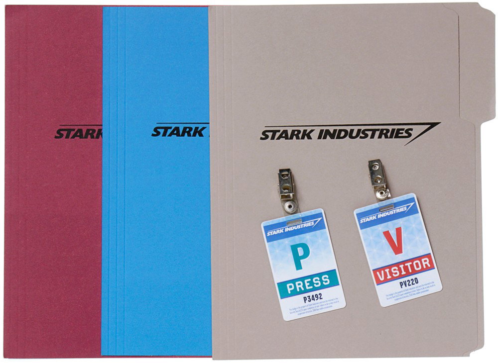 Iron Man Stark Industries Folder & Badge Set: Production Description: Set of three Stark Industries folders, one blue, one red and one tan. Set also includes a set of two Stark badges, one for press and the other for visitors. These items were us