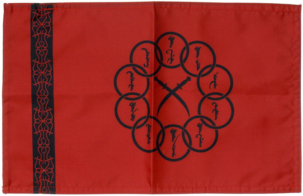 Iron Man Ten Rings Backup Flag From Raza's Convoy : Production Description: Red Ten Rings flag seen on the door of Raza's convoy truck as Tony Stark, in his Mark III armor, destroys the stolen stark industries weaponry in the first Iron Man Movie. Tech