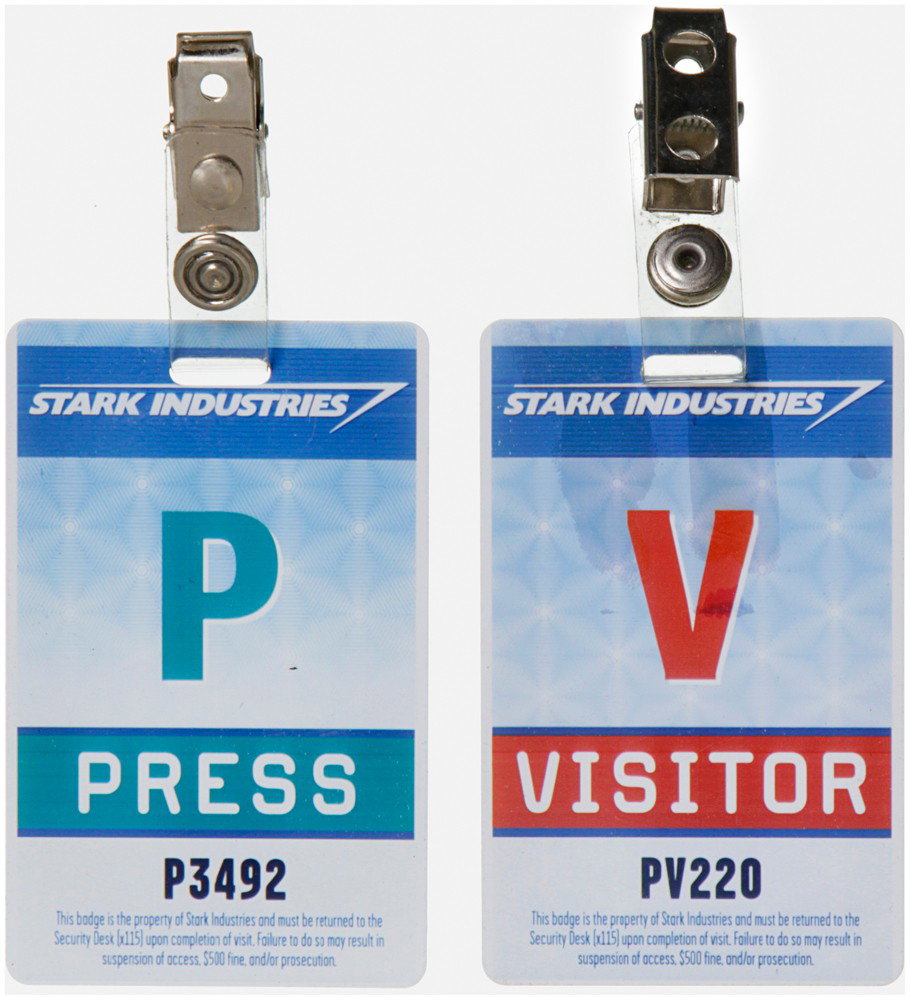 Iron Man Visitor & Press Badge Set: Production Description: Set of two STARK INDUSTRIES visitor and press badges worn by background actors during the first film. Production noted these items as being screen used. Technical Description: 