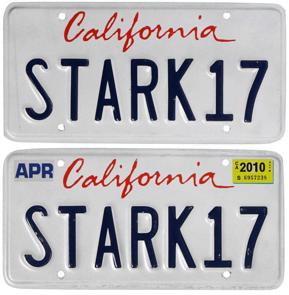 Iron Man 2 "Stark 17" License Plate Set: Production Description: Set of two vanity license plates with the name "Stark 17" on them. These plates were used on one of Tony's various luxury cars, as he had different numbers for each of them. P