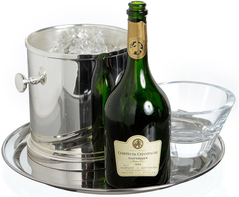 Iron Man 2 Wine Service Set: Production Description: Wine bottle, ice bucket, tray and glass bowl used by Tony Stark in his workshop to have a glass of wine with Pepper Pots in celebration for Tony turning over Stark Industries t