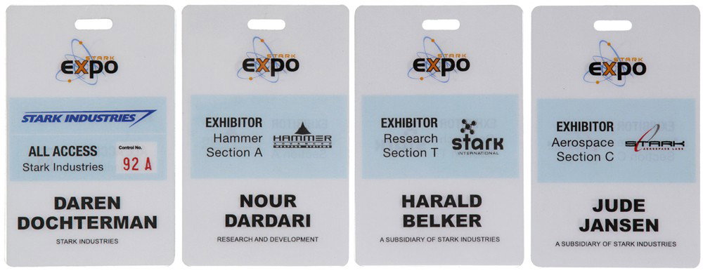Iron Man 2 Stark Expo Exhibitor Badge Set: Production Description: Set of four different Stark Expo Exhibitor badges. Set includes Hammer Industries, Stark Industries, Stark International and Stark Aerospace Labs Badges. All badges were worn b