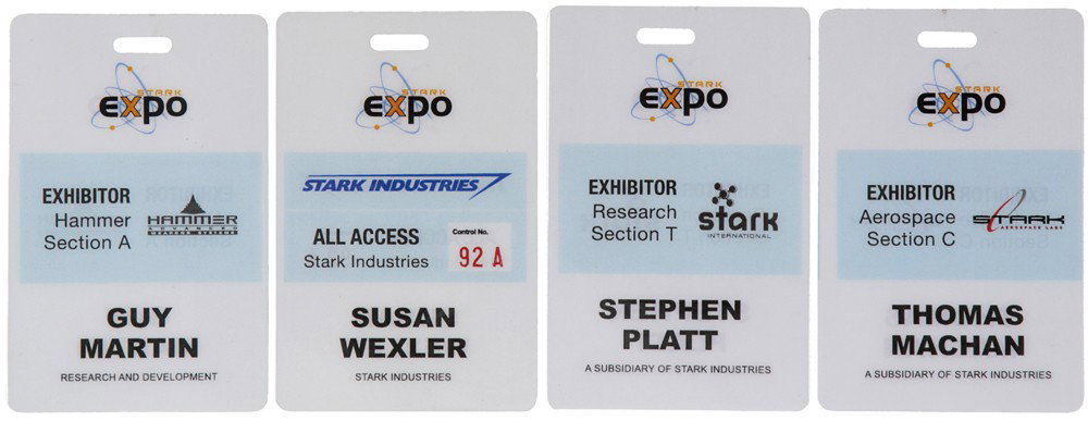 Iron Man 2 Stark Expo Exhibitor Badge Set: Production Description: Set of four different Stark Expo Exhibitor badges. Set includes Hammer Industries, Stark Industries, Stark International and Stark Aerospace Labs Badges. All badges were worn b
