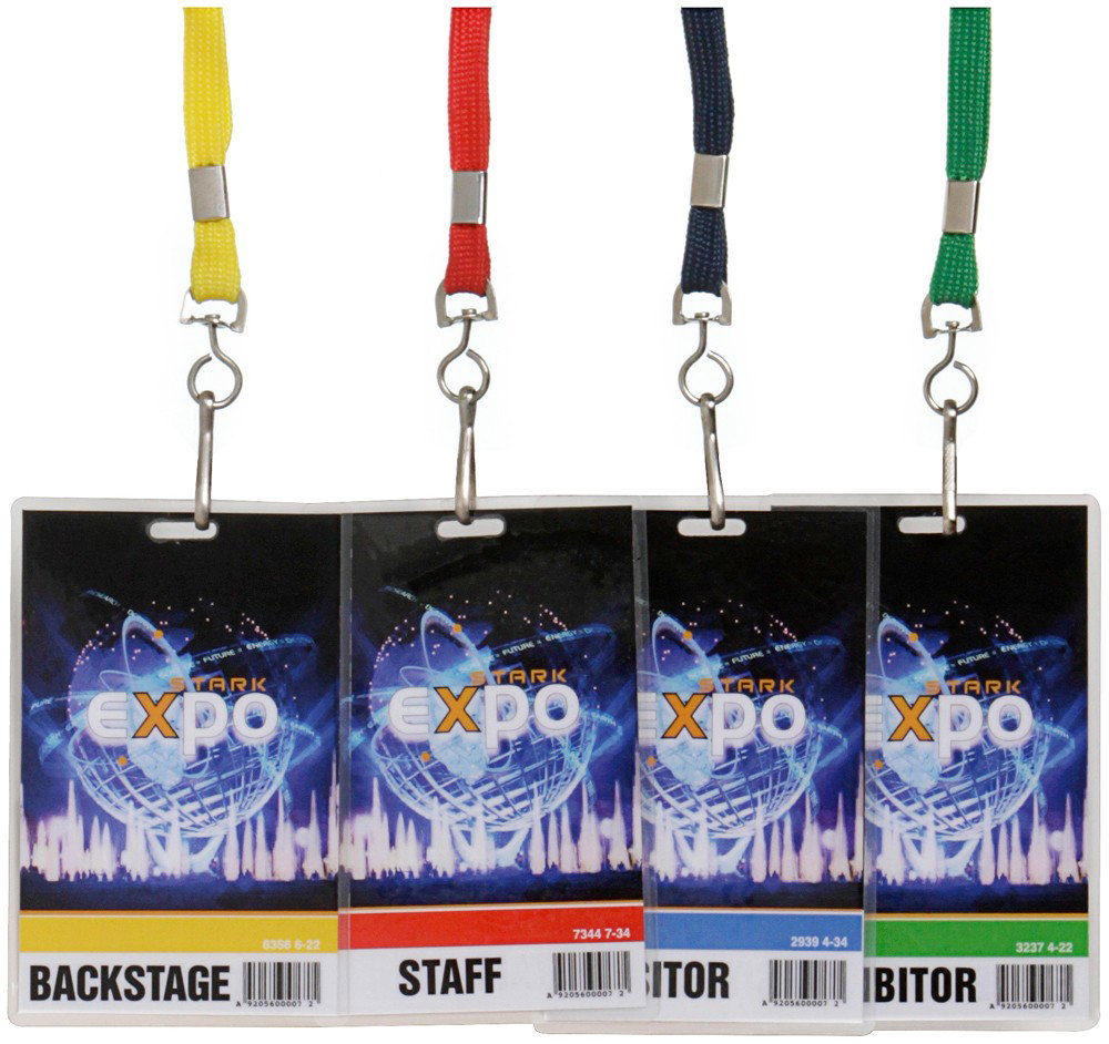 Iron Man 2 Stark Expo Badge Set: Production Description: Set of four badges worn by attendees of the Stark Expo. These badges feature credentials for Staff, Backstage, Visitor and Exhibitor. Production noted these items were screen u