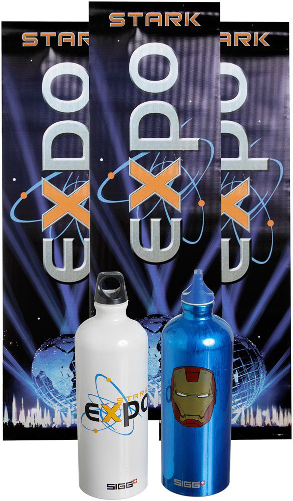 Iron Man 2 Stark Expo Signage & Water Bottle Set: Production Description: Set of three Stark Expo vinyl banner signs that hung inside the presentation room, as well as outside on the lamp posts. These can be seen in finale of the movie fight scene be