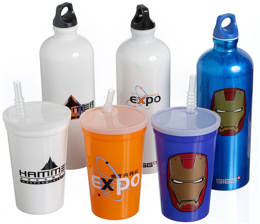 Iron Man Stark Expo Fan Set: Production Description: Set of fan items from the Stark Expo scene during the finale of the movie. Set includes a orange drink cup with the Stark Expo logo, a white drink cup with the Hammer Industrie