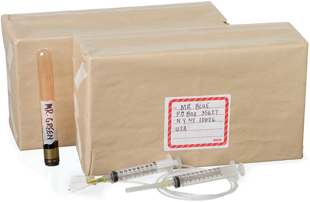 The Incredible Hulk Bruce Banners Mail & Blood Set: Production Description: Seeking a cure for his gamma irradiated curse, Bruce Banner took a sample of his own blood and sent it to Mr. Blue. Production noted these as the hero packages, syringe and saf