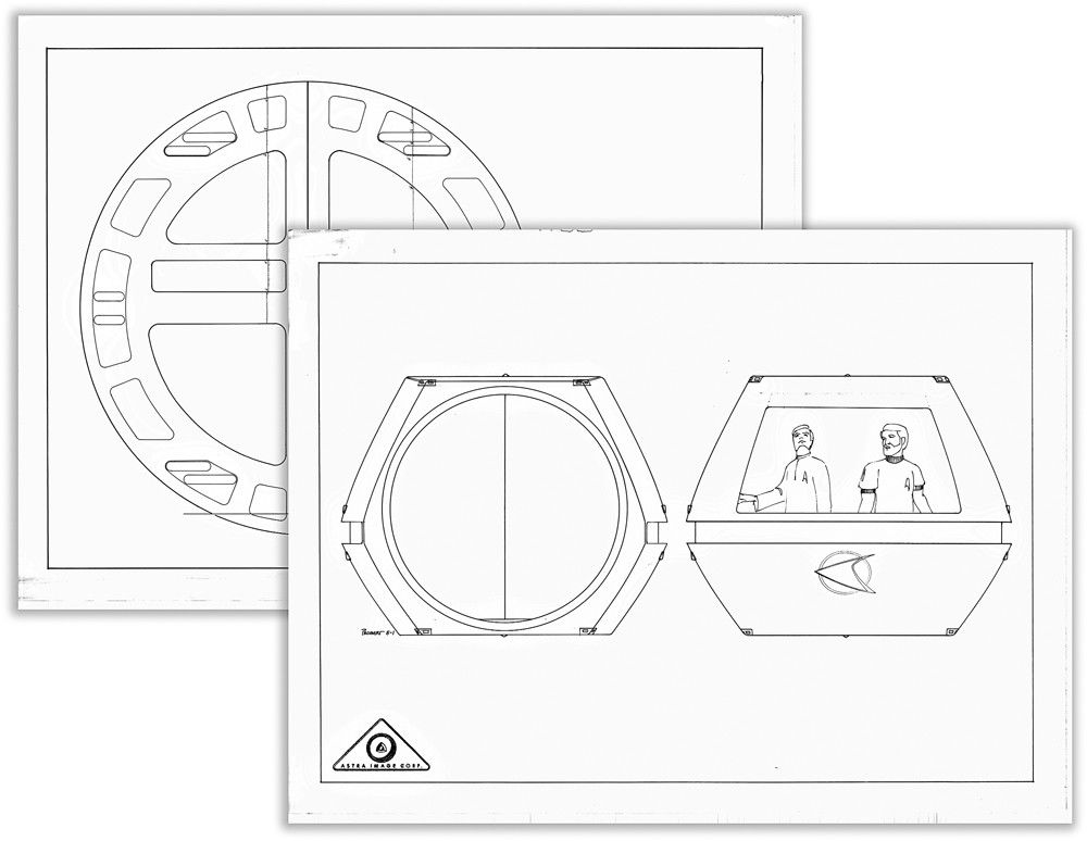 Star Trek Travel Pod Blueprint Set: Production Description: Set of two blueprints for the "Travel Pod" featured in Star Trek: The Motion Picture. Each print was done by Trek artist Andrew Probert, and featured the exterior door, back a