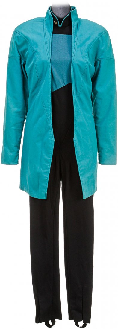 Star Trek: The Next Generation Dr. Beverley Crusher: A third season style Starfleet medical uniform and lab coat worn by Dr. Beverly Crusher (Gates McFadden) in Star Trek: The Next Generation. This well preserved uniform features two of Dr. Crushers ori
