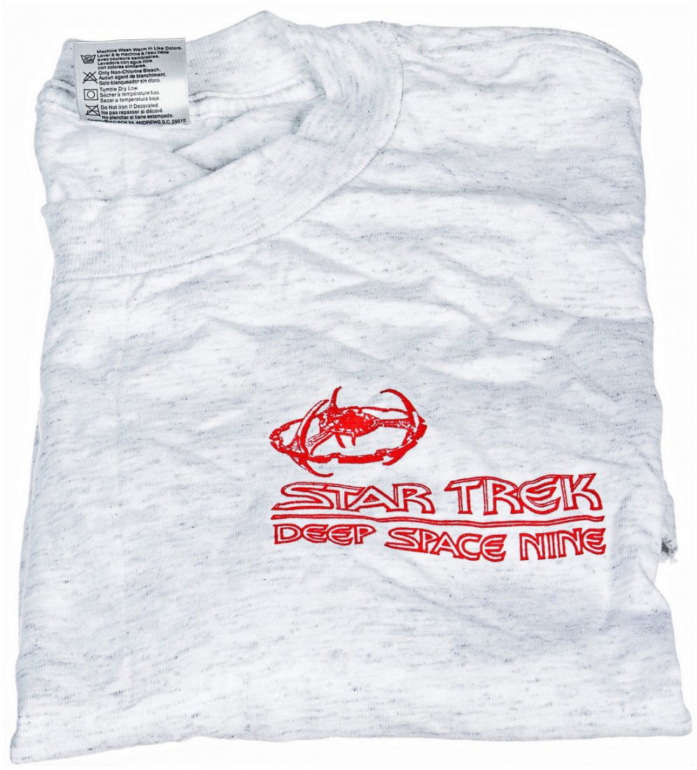 Star Trek: Deep Space Nine "Ship Comparison" Crew Shirt: A Star Trek: Deep Space Nine cast & Crew shirt. This item was given out to members of the cast and crew who worked on DS9, it features the shows logo on the front in red, and a comparison image of dif